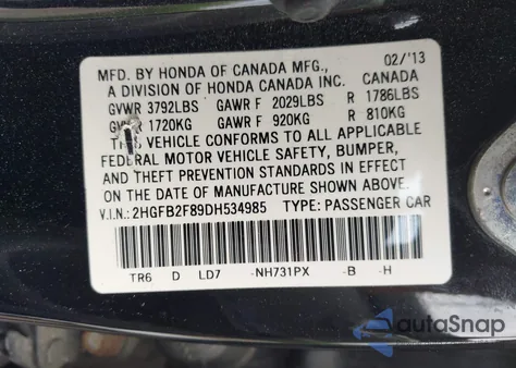 2013 Honda Civic Ex из США, поврежденный, VIN 2HGFB2F89DH534985